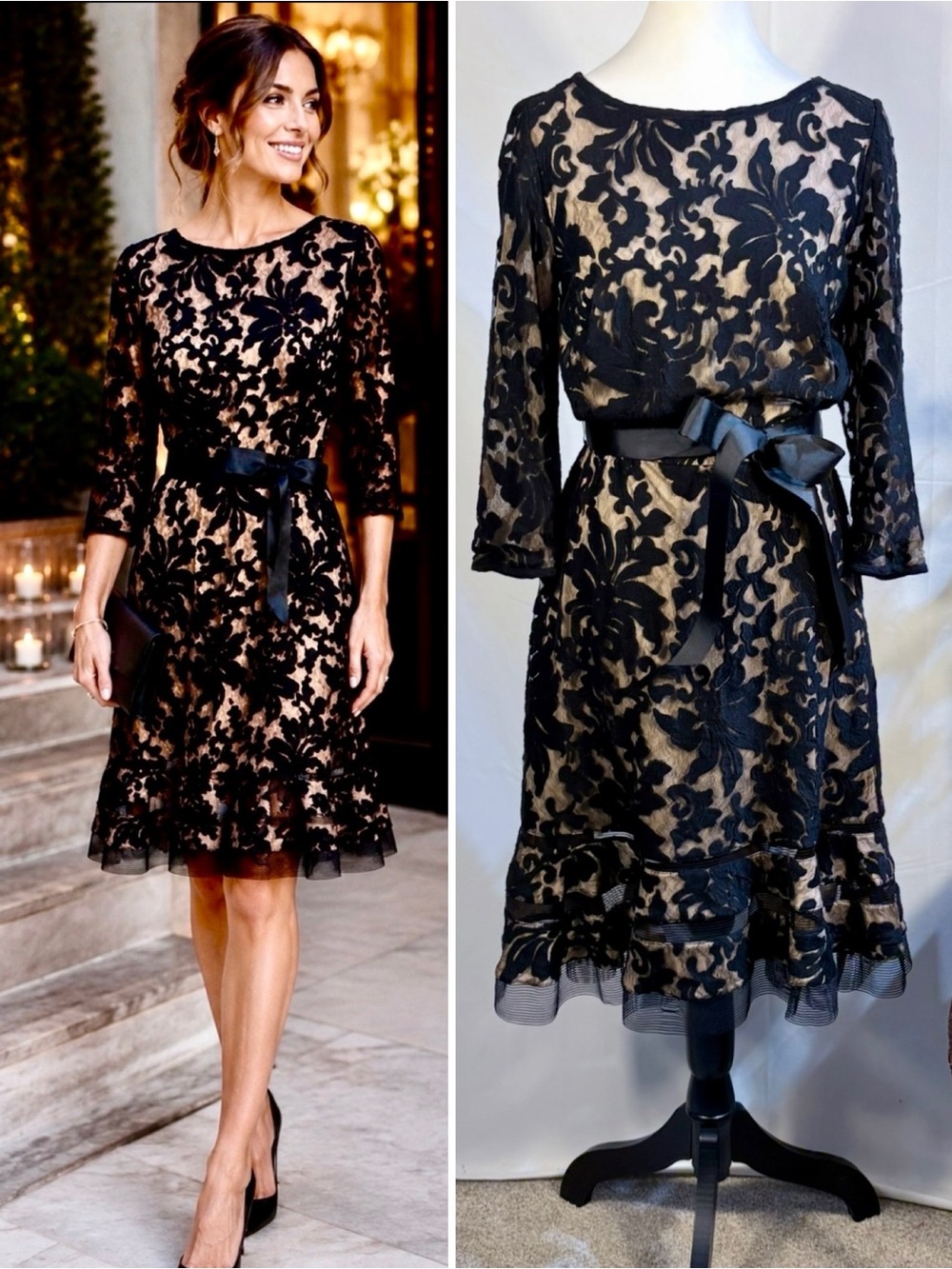 💥Tadashi Shoji Black Nude Floral Lace Overlay Cocktail Dress Ruffle Hem Sz 8🧡